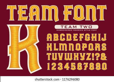 Vector font in sports team embroidery style. This lettering is ideal for sports icons, logos, insignias, etc. Full alphabet, numbers, and some punctuation included.