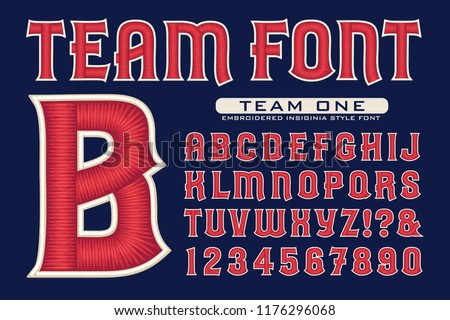 Vector font in sports team embroidery style. This lettering is ideal for sports icons, logos, insignias, etc. Full alphabet, numbers, and some punctuation included.