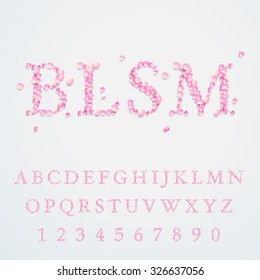 Vector font style made of flower petals. Latin alphabet from A to Z with numbers for your design.