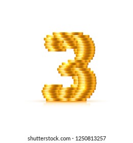 Vector font style made of golden coins. Coin numbers. Number 3. Three. Vector illustration