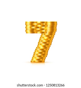 Vector font style made of golden coins. Coin numbers. Number 7. Seven. Vector illustration