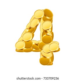 Vector font style made of golden coins. Coin numbers. Number 4. Four. Vector illustration