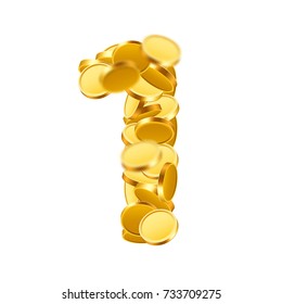 Vector font style made of golden coins. Coin numbers. Number 1. One. Vector illustration