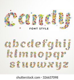 Vector font style made of hundreds of decorative candy balls. Latin alphabet from A to Z.