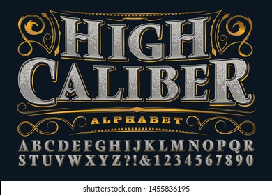 Vector font; a stylish serif alphabet suited to the branding of high-end liquor and other luxury products. Also contains several flourishes with metallic gold effects.