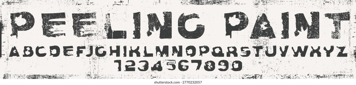 A vector font themed around graffiti, grunge, and urban or street style. A Latin alphabet of simple linear letters, either stenciled or crooked, hand-drawn with jagged lines, spots, and splashes. The effect of letters printed through a stencil with peeling paint
