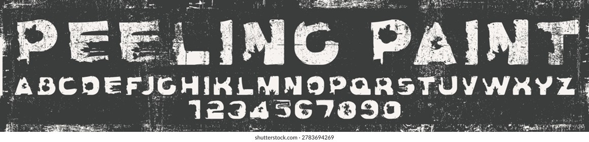 A vector font themed around graffiti, grunge, peeling paint and urban or street style. A Latin alphabet of simple linear letters, either stenciled or crooked, hand-drawn with jagged lines, spots, and splashes.