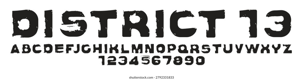 A vector font themed around video games, graffiti, grunge, peeling paint and urban or street style. A Latin alphabet of simple linear letters, either stenciled or crooked, hand-drawn with jagged lines, spots, and splashes.