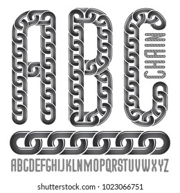 Vector font, trendy typescript can be used in poster creation. Upper case creative letters, abc made with steel chain link, joined link.