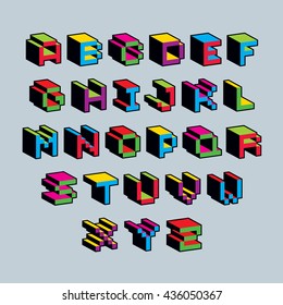 Vector font, typescript created in 8 bit style. Pixel art contemporary capital letters set, 3d digital design elements.