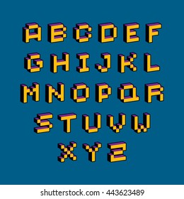 Vector Font, Typescript Created In 8 Bit Style. Pixel Art Contemporary Capital Letters Set, 3d Digital Design Elements.