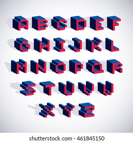 Vector font, typescript created in 8 bit style. Pixel art contemporary capital letters set, 3d digital design elements.