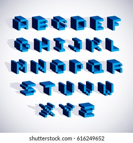 Vector font, typescript created in 8 bit style. Pixel art contemporary capital letters set, 3d digital design elements.