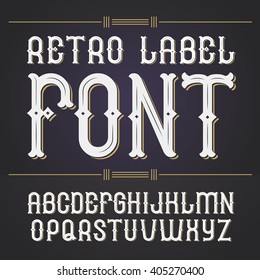 Vector font.  Whiskey label style. Font, good to use in any style labels of alcohol drinks. Business card, leaflet and other printing production. ABC. Alphabet with decoration