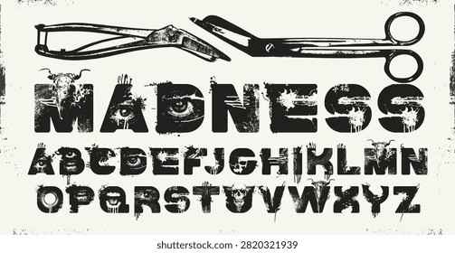A vector font for word images. Madness with a bull and human skull, stripes, and surgical instrument scratches. Capital letters. Theme: horror, grunge, and urbanism. Madness, post-apocalypse, and underground. Punk posters, horror comics, and alternative music.