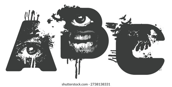 A vector font for word-images with human eyes and mouths, streaks, and scratches. Letters A, B, and C. The theme is horror, grunge, and urban. It creates a sense of madness, post-apocalypse, and underground. Suitable for punk posters, horror comics, and alternative music.