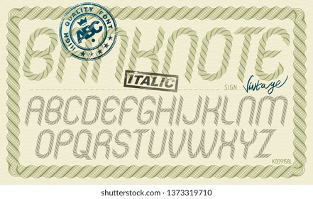 Vector font from a to z created using guilloche ornate, decorate waves. For use as bank notes or bonds design. 