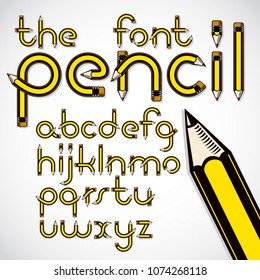 Vector font from a to z made with pencils, creative writing idea. Can be used as logo design element in copywriting business advertising.