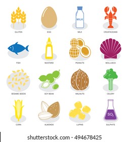 vector of food allergen icons in colors