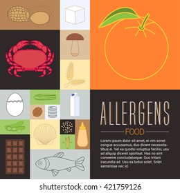 Vector food allergen related design element. Allergies template article. Lactose, egg, nuts, gluten allergy icons. Food intolerance concept image