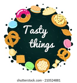 Vector food background and card with pastries, sweets, pasta and dumplings (on a dark green background)