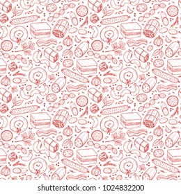 Vector Food background. Sausages Seamless pattern. Vector Meat products: Ready sausage, bacon, sliced saveloy, sausage, spicy pepperoni, smoked sausages, salami, baked meatloaf, frankfurters