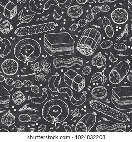 Vector Food background. Sausages Seamless pattern. Vector Meat products: Ready sausage, bacon, sliced saveloy, sausage, spicy pepperoni, smoked sausages, salami, baked meatloaf, frankfurters