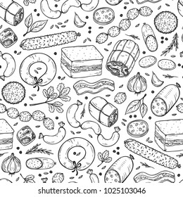 Vector Food background. Sausages Seamless pattern. Vector Meat products: Ready sausage, bacon, sliced saveloy, sausage, spicy pepperoni, smoked sausages, salami, baked meatloaf, frankfurters