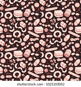 Vector Food background. Sausages Seamless pattern. Vector Meat products: Ready sausage, bacon, sliced saveloy, sausage, spicy pepperoni, smoked sausages, salami, baked meatloaf, frankfurters