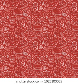 Vector Food background. Sausages Seamless pattern. Vector Meat products: Ready sausage, bacon, sliced saveloy, sausage, spicy pepperoni, smoked sausages, salami, baked meatloaf, frankfurters