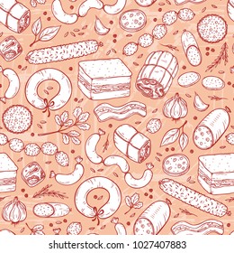 Vector Food background. Sausages Seamless pattern. Vector Meat products: Ready sausage, bacon, sliced saveloy, sausage, spicy pepperoni, smoked sausages, salami, baked meatloaf, frankfurters