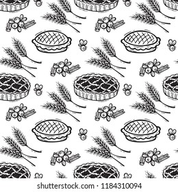 
Vector Food Background. Seamless Pattern with Hand Drawn Doodle Sweet Pies, Berries, Cinnamon sticks, Ears of wheat. Holiday Dish. Cranberry or lingonberry Pie. Happy Thanksgiving Day 