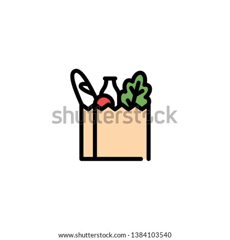 Vector food bag icon template. Farmers market paper box illustration. Line grocery logo background