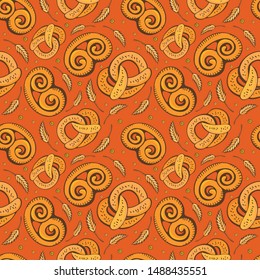 Vector food bakery seamless pattern with pretzel icons. Delicious pretzel background. Flour products from the confectionery shop. Illustration for printing, web. Original design element. Baking Doodle