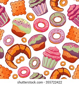 Vector food bakery seamless pattern with baked goods. Flour products from pastry shop. Illustration for print, web. Original design element