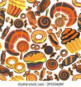 Vector food bakery seamless pattern with baked goods. Flour products from pastry shop. Illustration for print, web. Original design element. Brown orange colors.