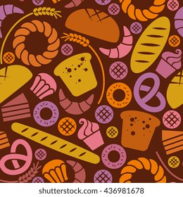 Vector food bakery seamless pattern with baked goods icons. Flour products from pastry shop. Illustration for print, web. Original design element