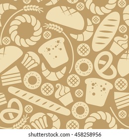 Vector food bakery seamless pattern with baked goods icons. Flour products from pastry shop. Illustration for print, web. Original design element