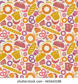 Vector food bakery seamless pattern with baked goods icons. Flour products from pastry shop. Illustration for print, web. Original design element