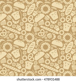 Vector food bakery seamless pattern with baked goods icons. Flour products from pastry shop. Illustration for print, web. Original design element