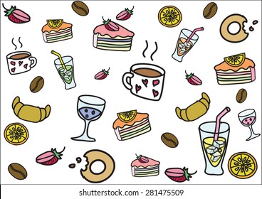 Vector food and beverages, coffee, bread, cake, strawberry and orange cake donut and drink a bunch of abstract and background.