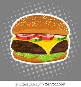 vector food burger with bun ingredients springkled with sesame, pickles, tomatoes, patty, sliced cheese