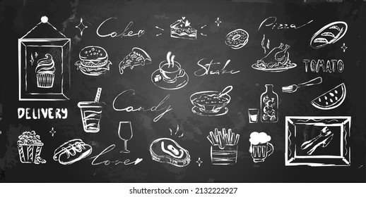 Vector food and cafe menu set with handwritten words and frames. White chalk lines on blackboard, chalkboard.