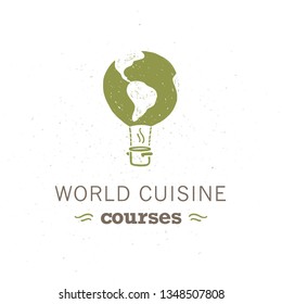 Vector Food Classes Logo Design Template With Flying Air Balloon, World Map On It, Pot Icon Isolated On White Background. Hand Drawn  Style. For World Cuisine Courses, Cooking Workshops Insignia Etc.