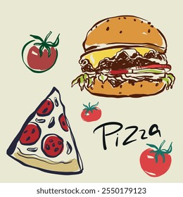 Vector food composition of Italy pizza and burger. Hand-drawn vintage card with handwritten short phrase isolated on beige background. Illustration for design, print, fabric or background.