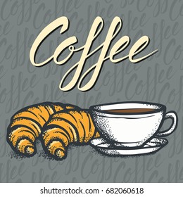 Vector food concept. Breakfast coffee illustration with calligraphic inscription