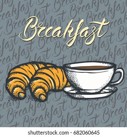 Vector food concept. Breakfast coffee illustration with calligraphic inscription