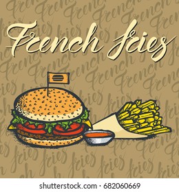 Concepto de alimentación vectorial. Ilustración de comida rápida con inscripción caligráfica, y hamburguesa con papas fritas