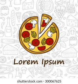 Vector food concept with pizza and seamless background on mediterranean cuisine theme: tomato, pasta, wine, cheese, olive. Great for restaurant menu, card