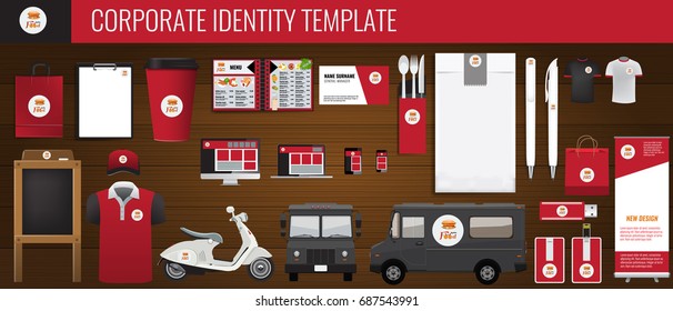 Vector food corporate identity template design set. Red and black color Branding mock up for your design. Illustrated vector.